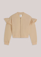 Summum bomber jacket with frill shoulder flat lay on neutral background