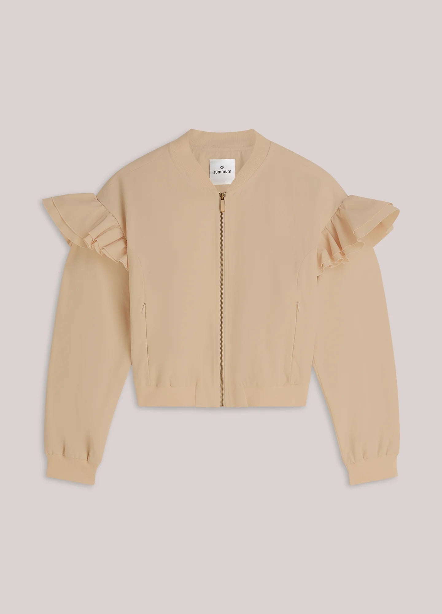 Summum bomber jacket with frill shoulder flat lay on neutral background