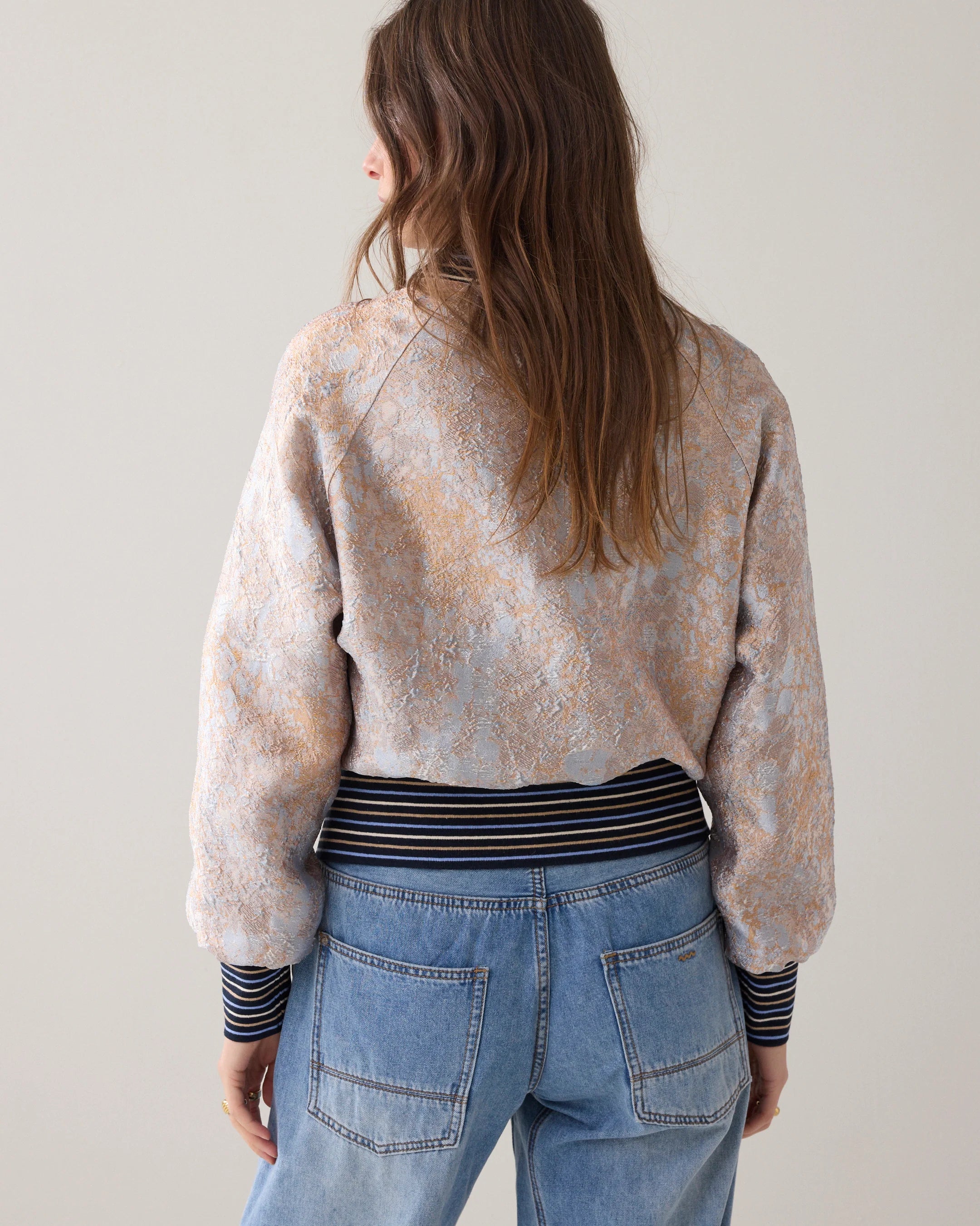 Summum jacquard print bomber jacket back view with striped waistband