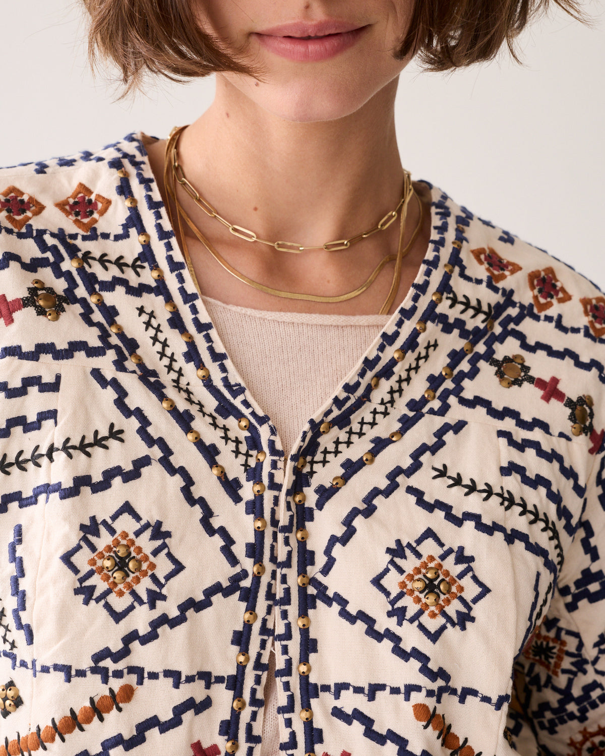Summum Cream navy embroidered boho jacket styled