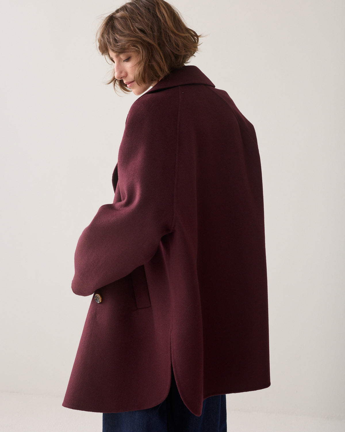 Summum burgundy wool blend coat back view