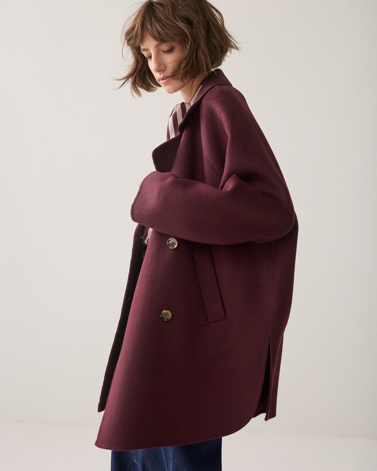 Summum burgundy double breasted coat side view