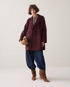 Summum burgundy double breasted wool blend coat front view