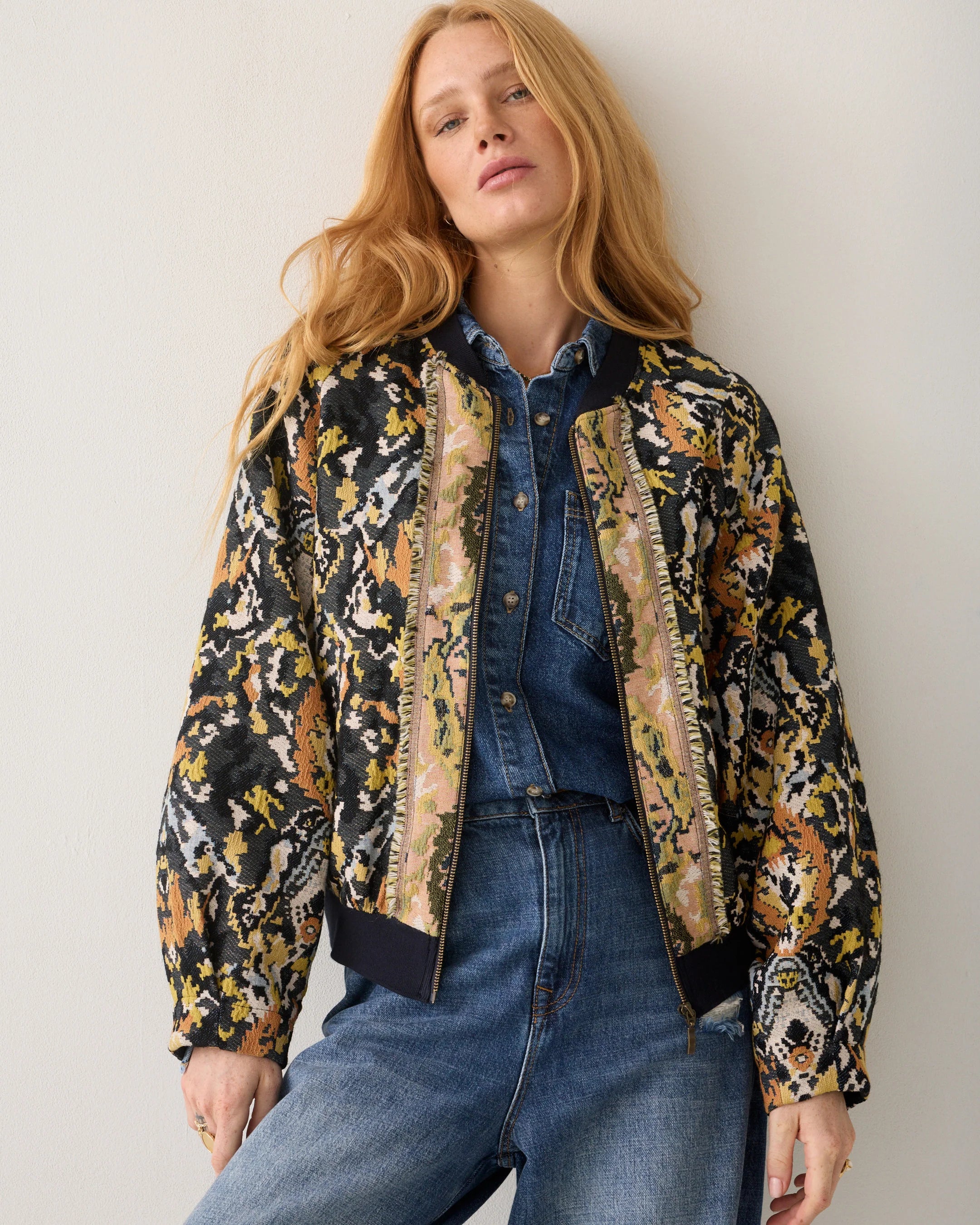 Summum jacquard bomber jacket – front model view over denim shirt