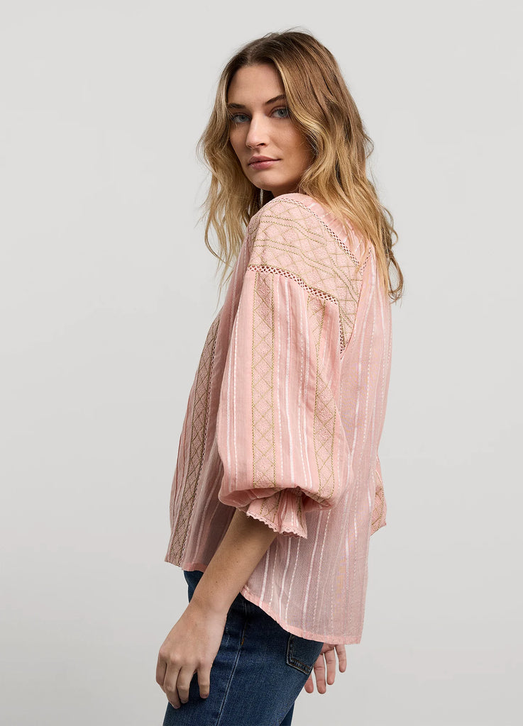 Summum Pink Voile Lace Detail Blouse With Long Puffed Sleeves 