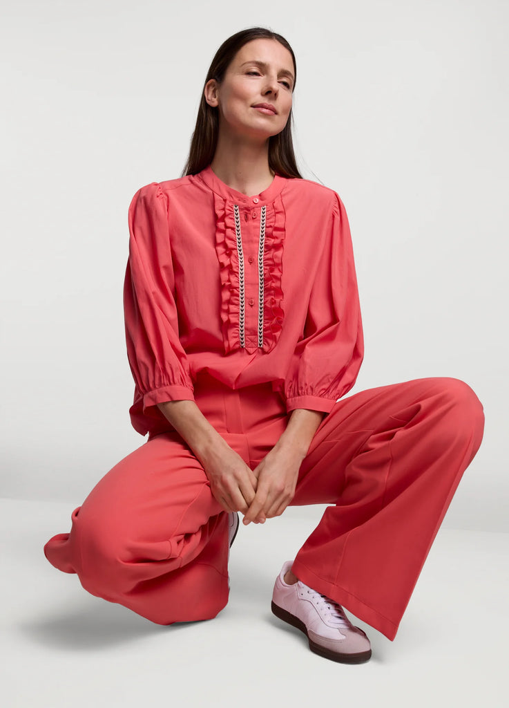 Summum Coral Ruffle Front Top With Long Balloon Sleeves