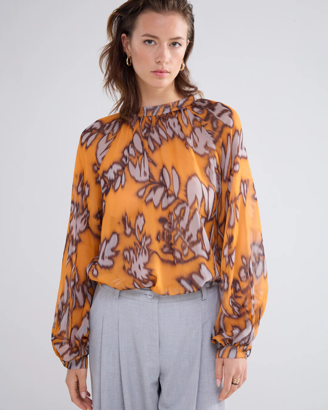 Summum Orange Leaf Print High Neck Top