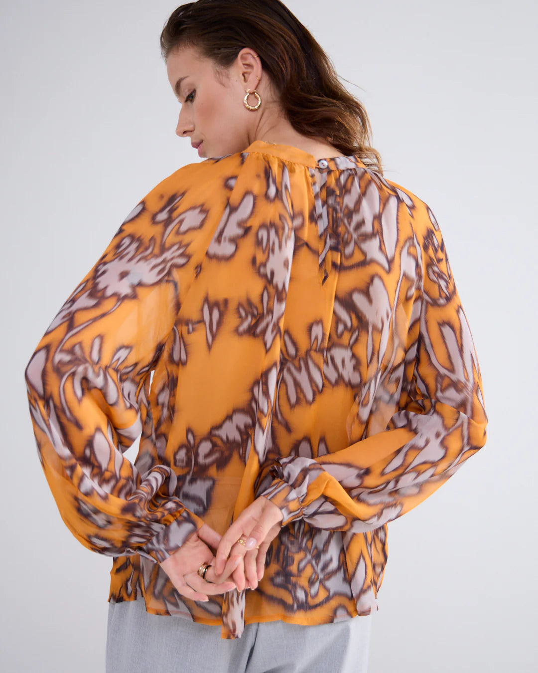 Summum Orange Leaf Print Gathered Neck Top From The Back