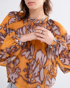 Summum Orange Leaf Print Gathered Neck Blouse