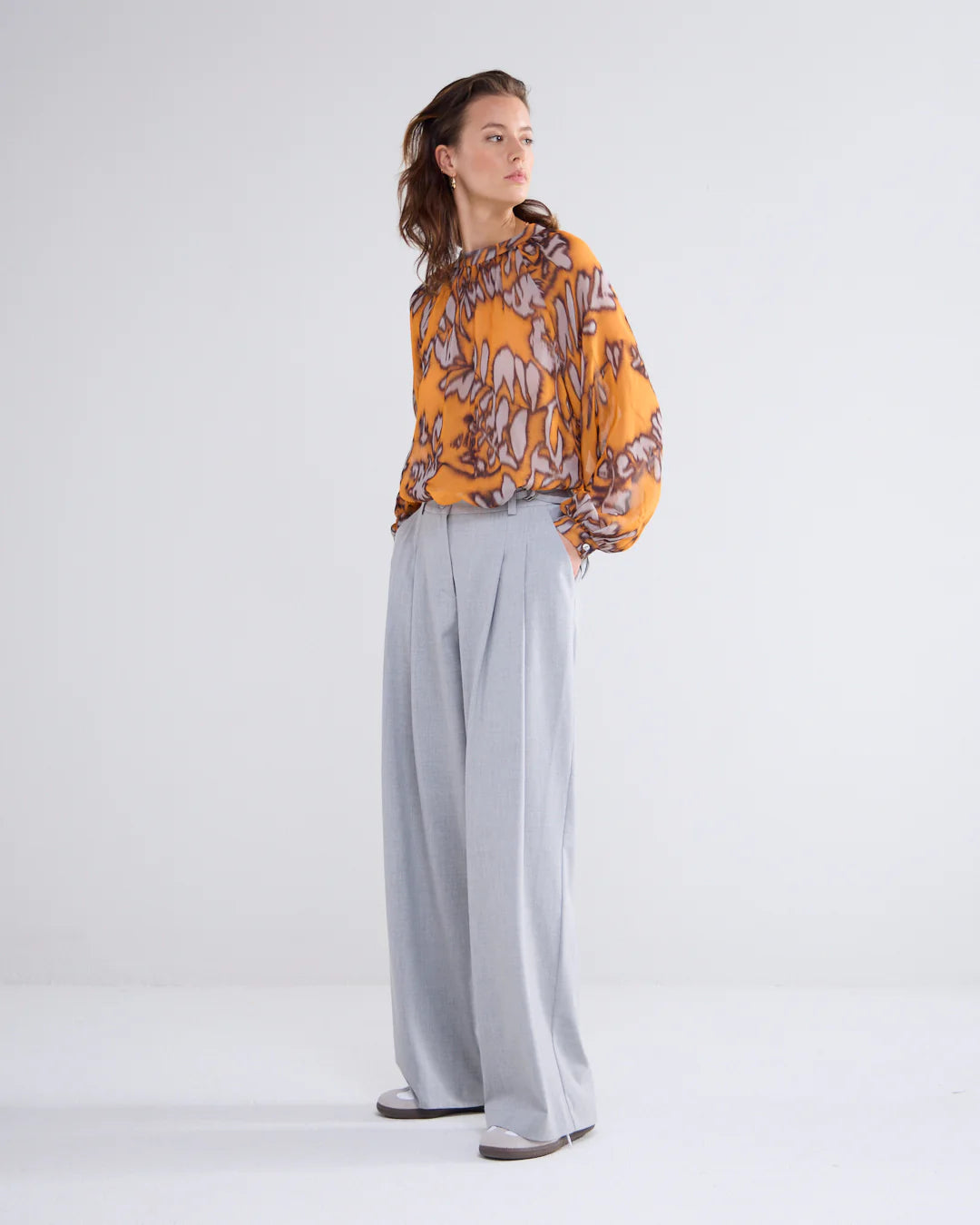 Summum Orange Leaf Print Puff Sleeve  Top