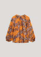 Summum Orange Leaf Print Gathered Neck Top