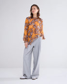 Summum Orange Leaf Print Gathered Neck Top