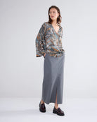 Summum Grey Leaf Print V Neck Top With Flute Sleeves