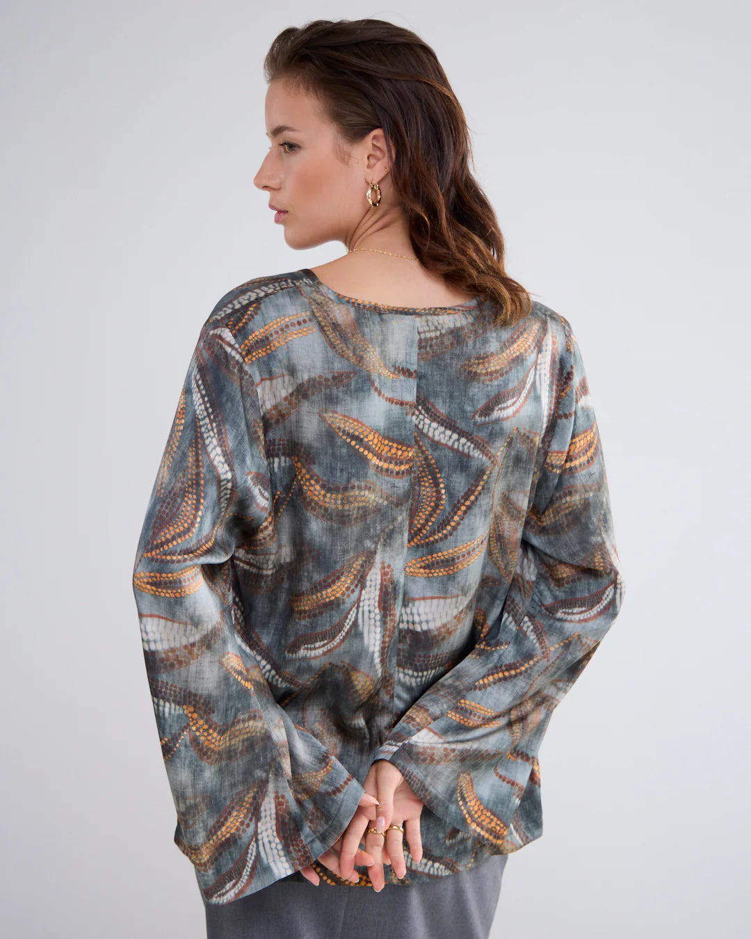 Summum Grey Leaf Print Flute Sleeve Top From The Back