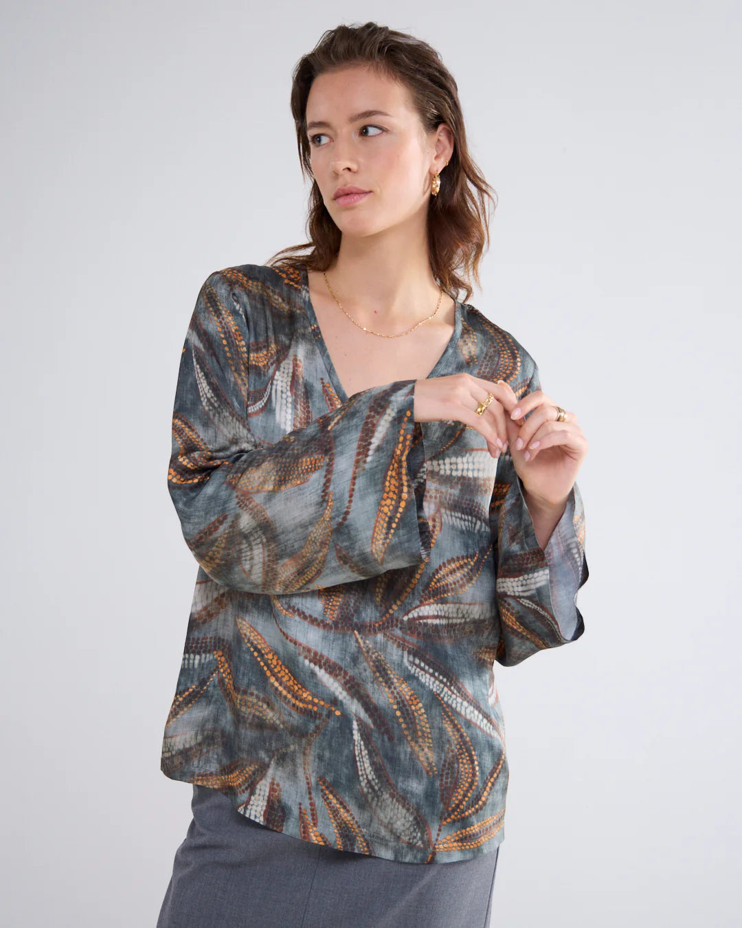 Summum Grey Leaf Print Flute Sleeve Top