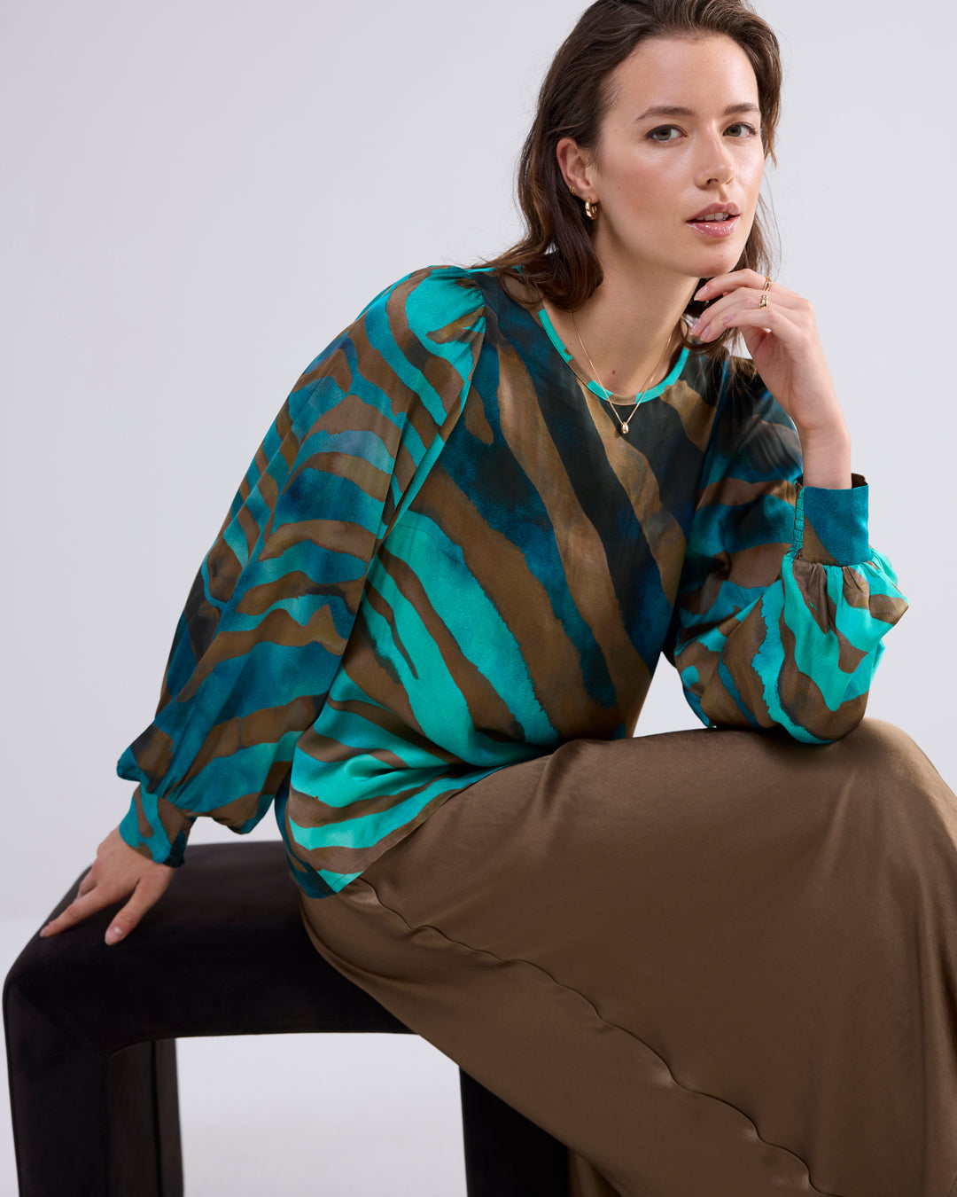 Summum Green & Bronze Printed Boatneck Top