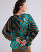 Summum Mettalic Green/Brown Printed Boatneck Top From Back 