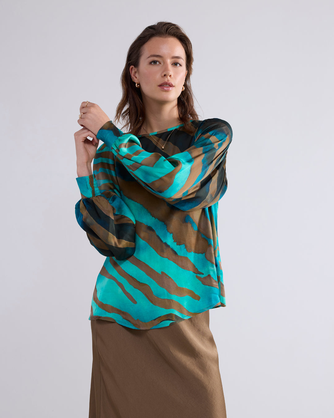 Summum Green Printed Boatneck Top