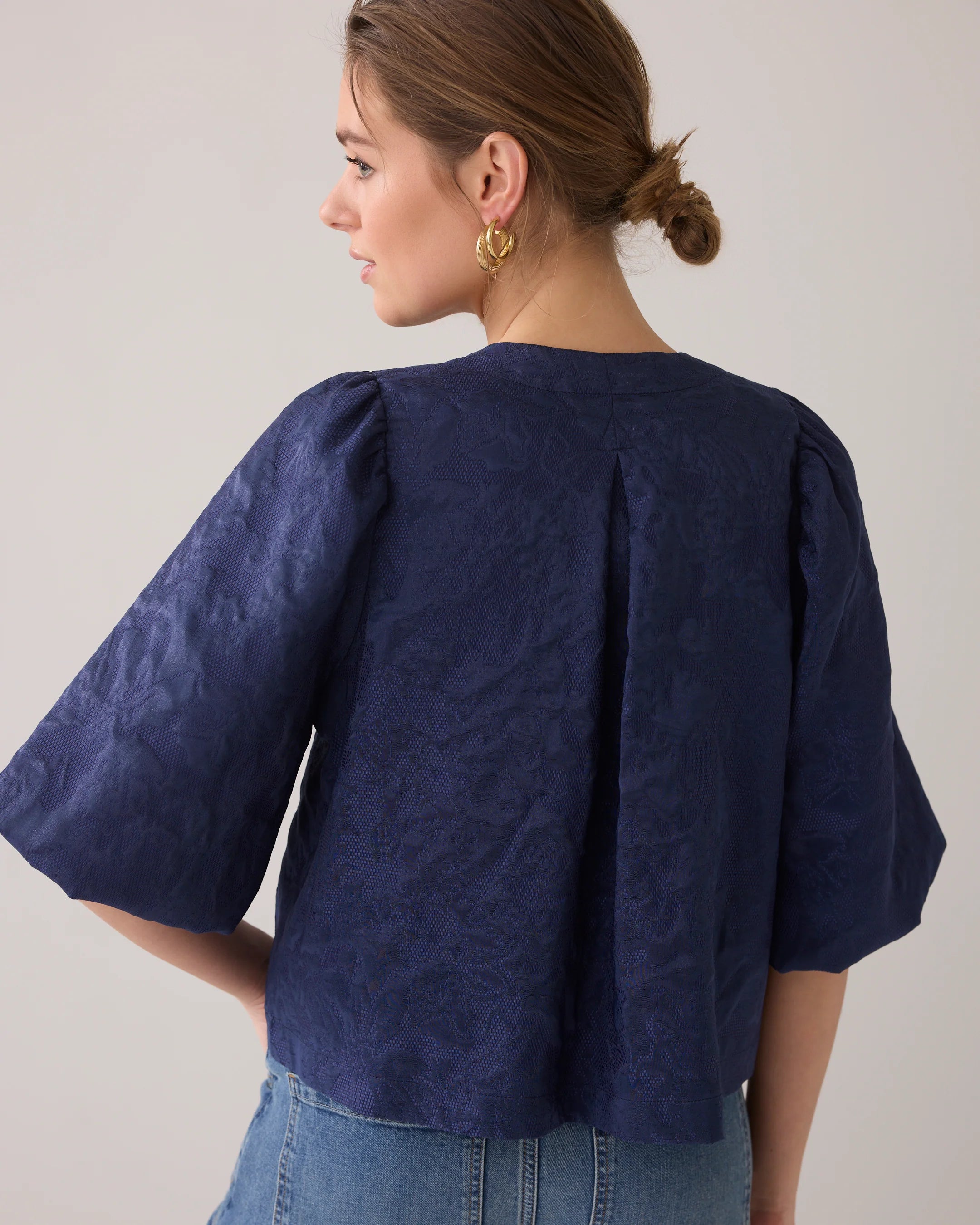 Summum Navy Jacquard Bow Front Blouse Jacket From Back