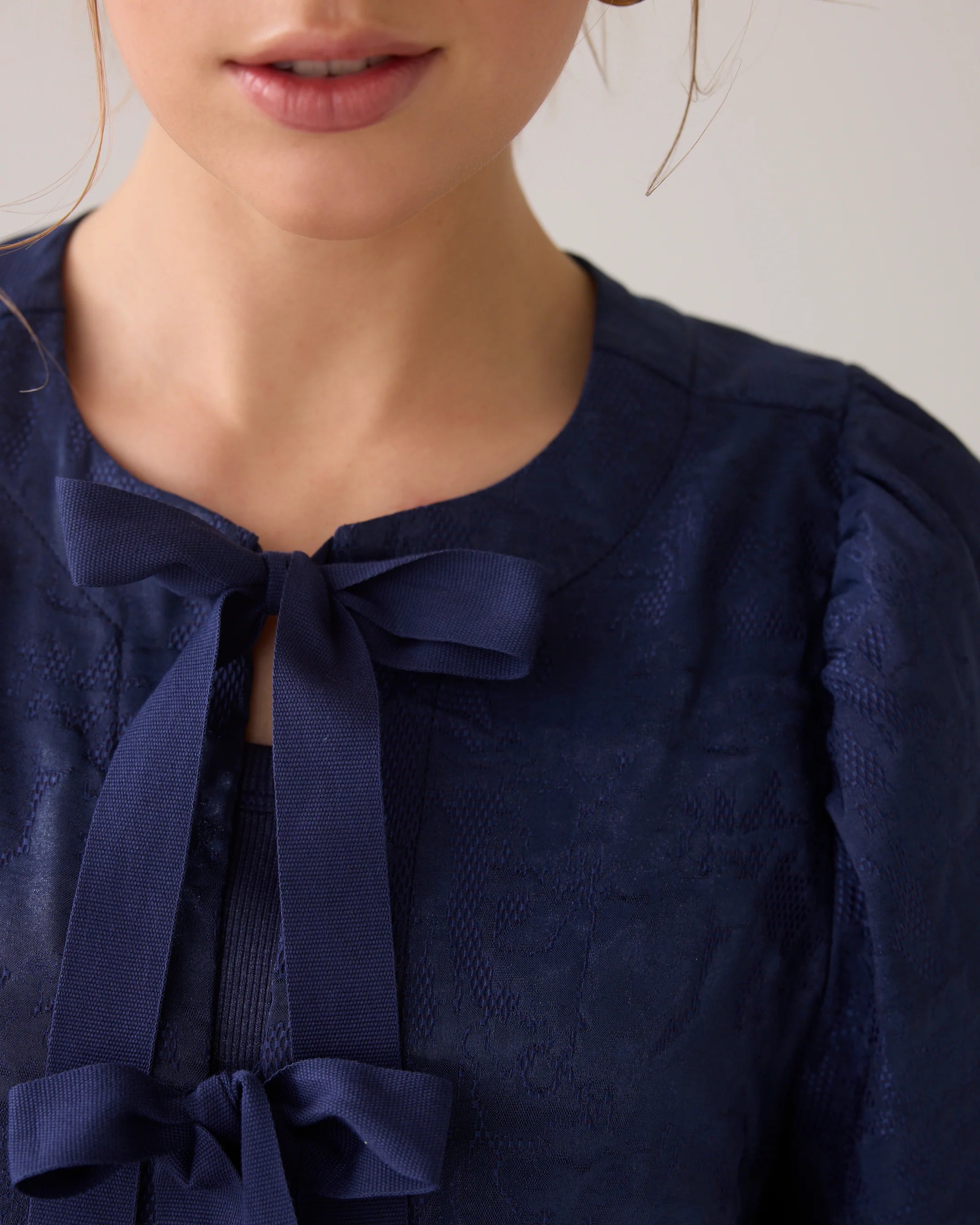 Summum Navy Jacquard Blouse Jacket With Bow Front - Cloesup detail