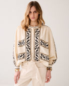 Summum damask print blouse black embroidery detail sleeve