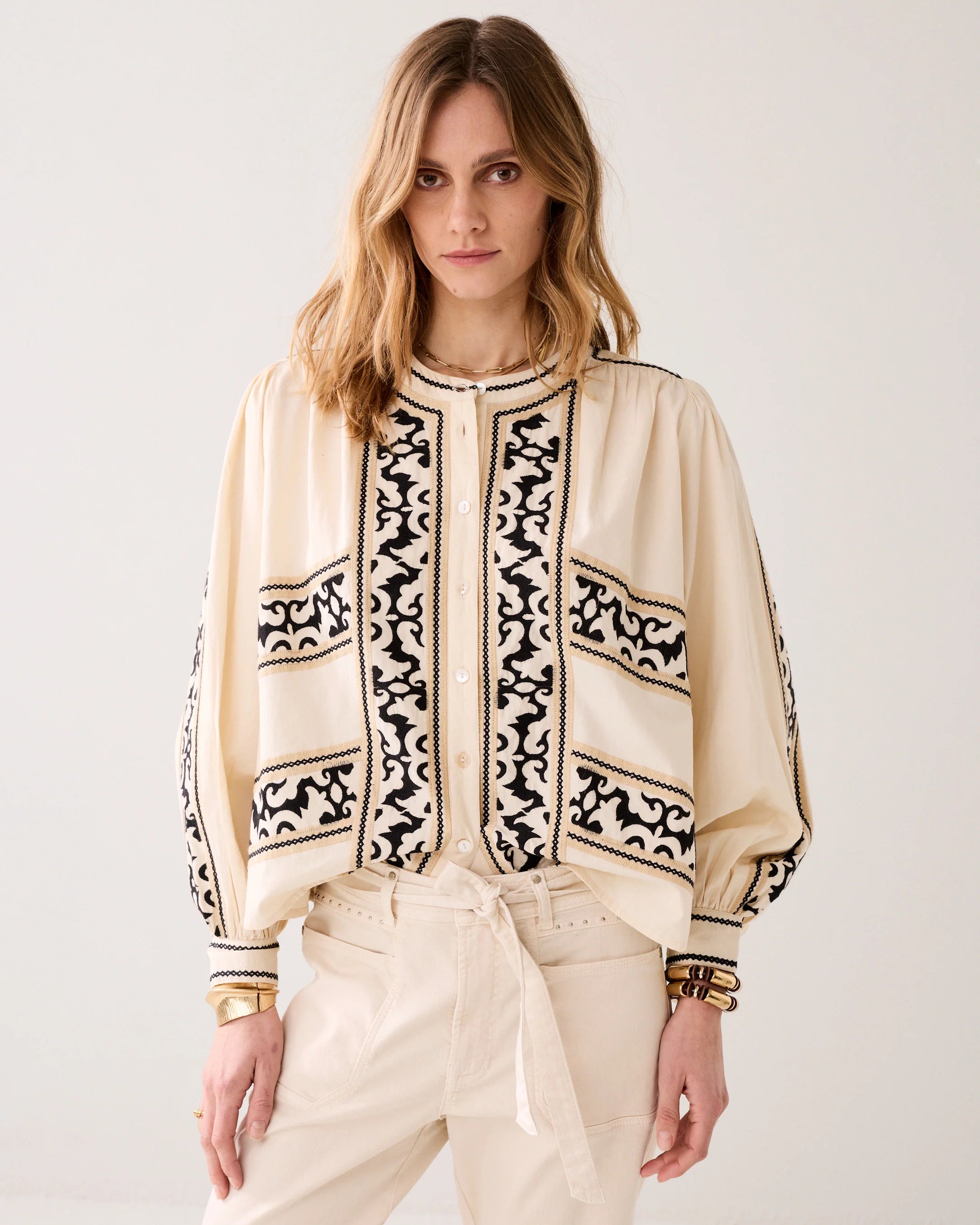 Summum damask print blouse black embroidery detail sleeve