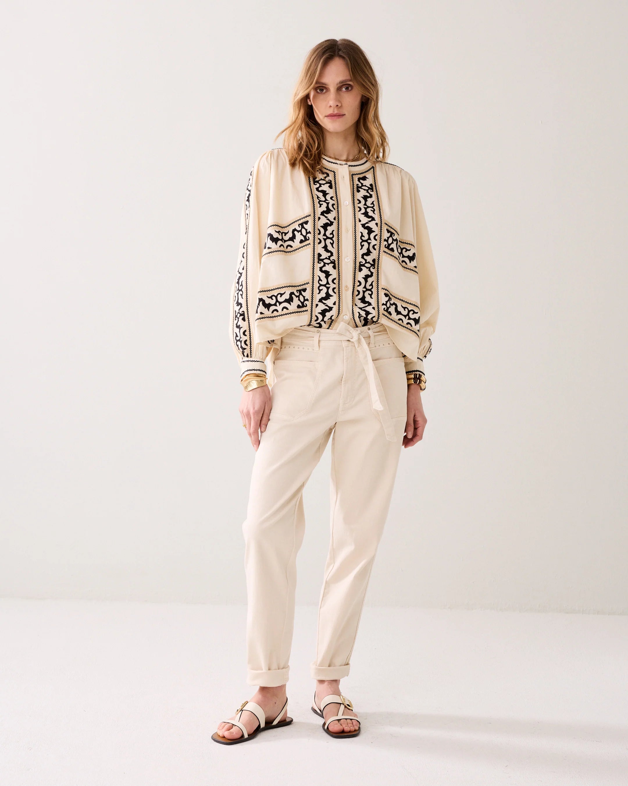 Summum cream embroidered blouse puff sleeve front view Ireland