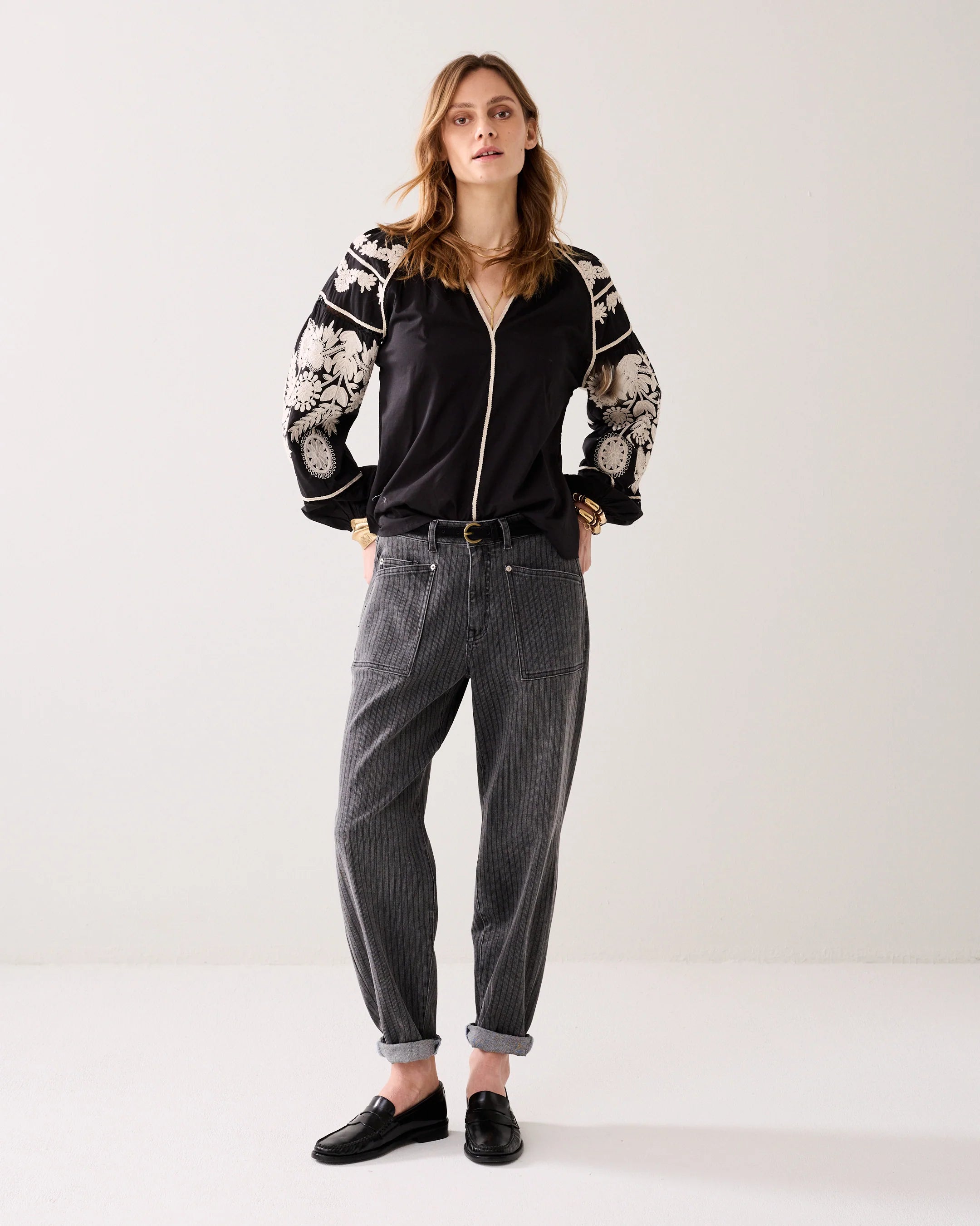 Summum black embroidered sleeve blouse front view V neck