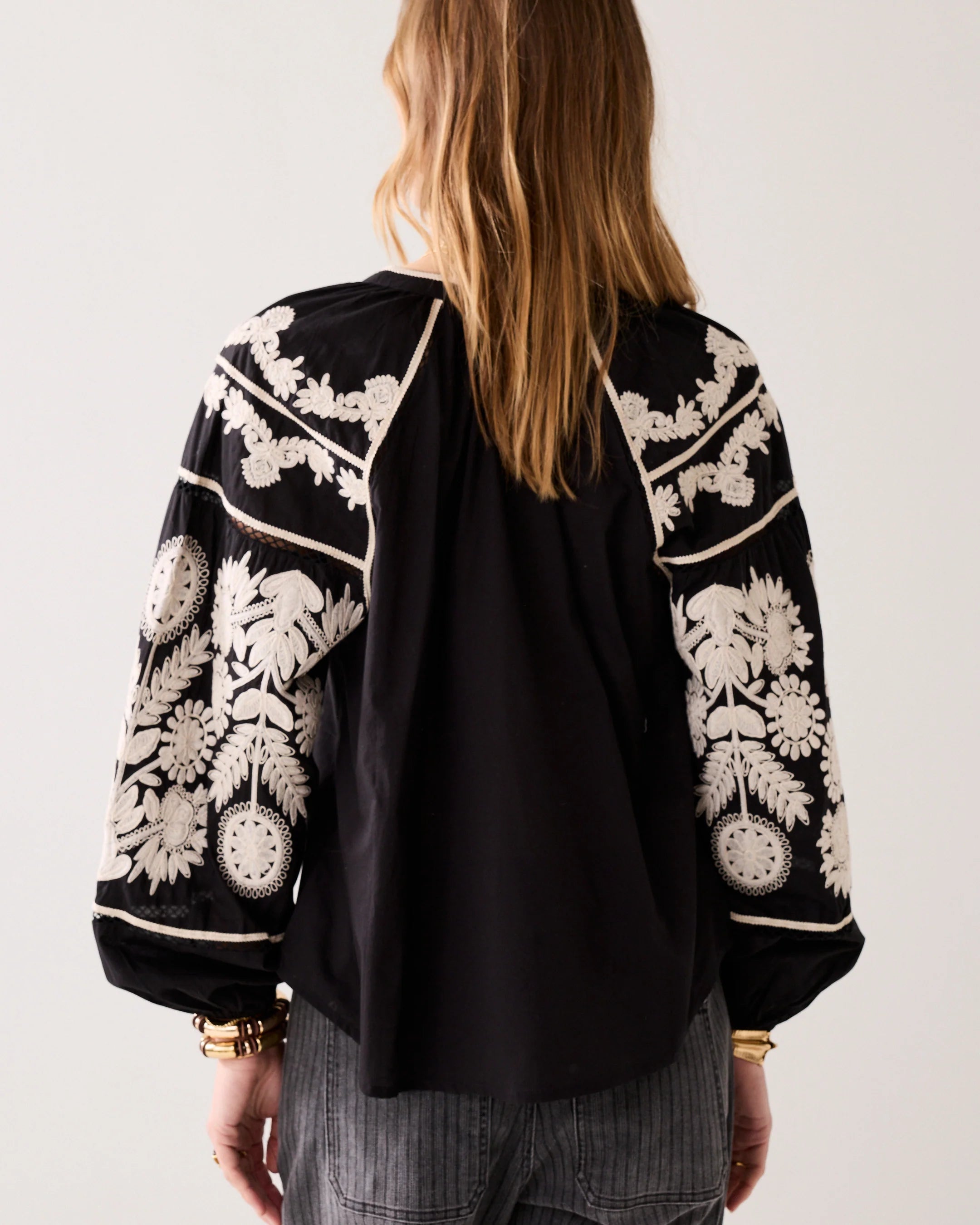 Summum black cotton blouse back view embroidered sleeves