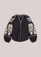 Summum black blouse contrast trim neckline detail
