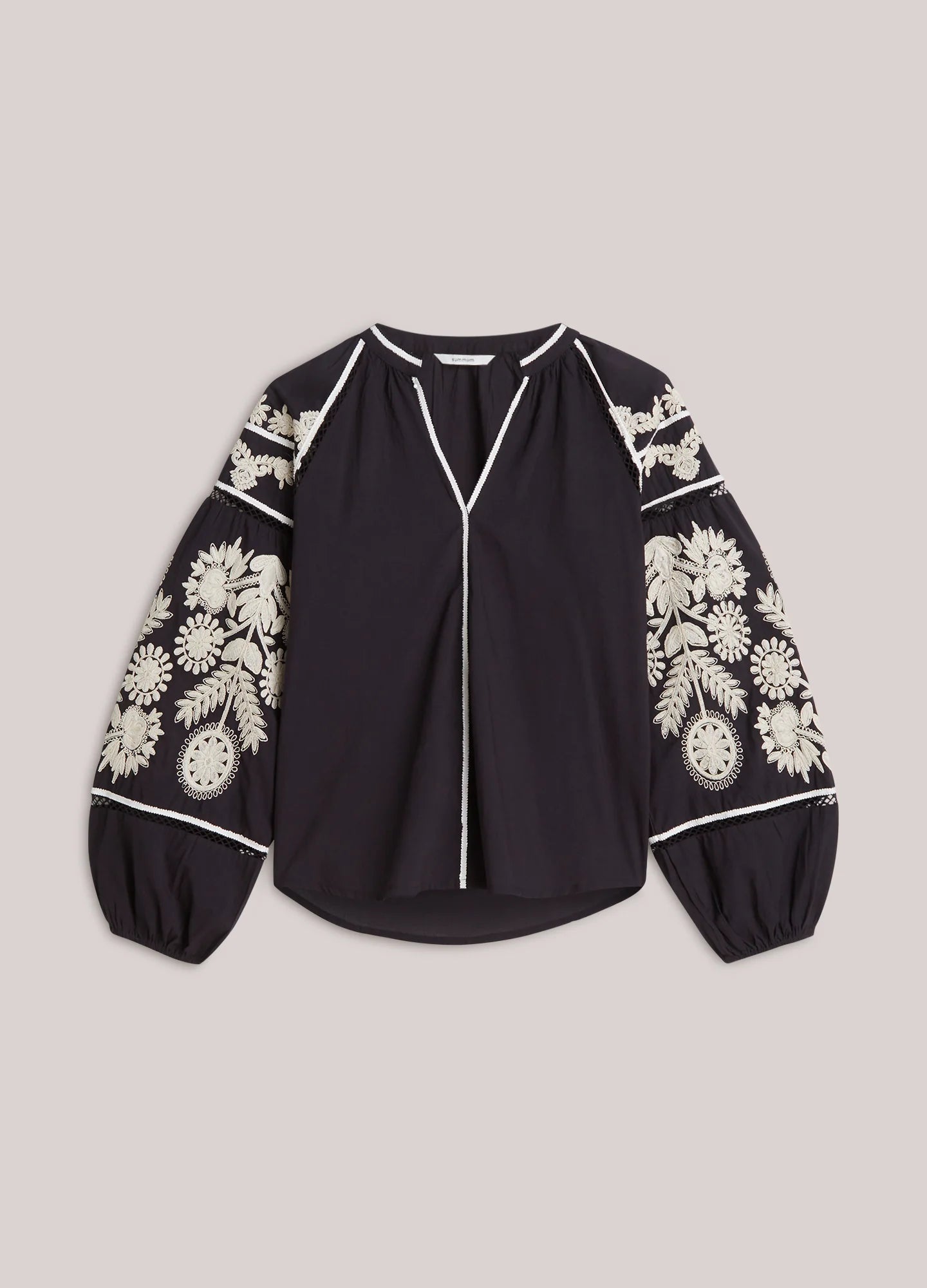 Summum black blouse contrast trim neckline detail
