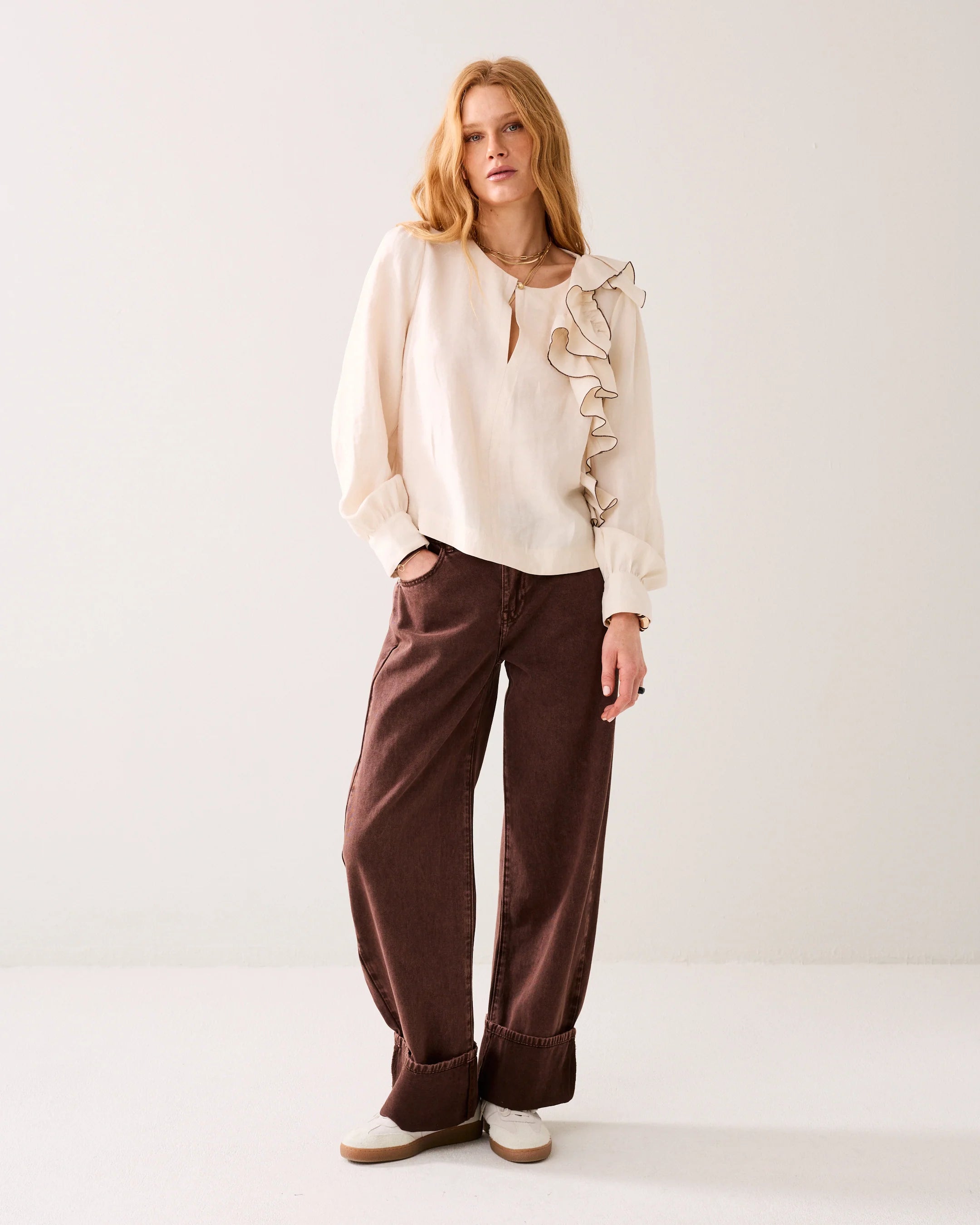 Summum cream ruffle blouse asymmetric shoulder detail front view