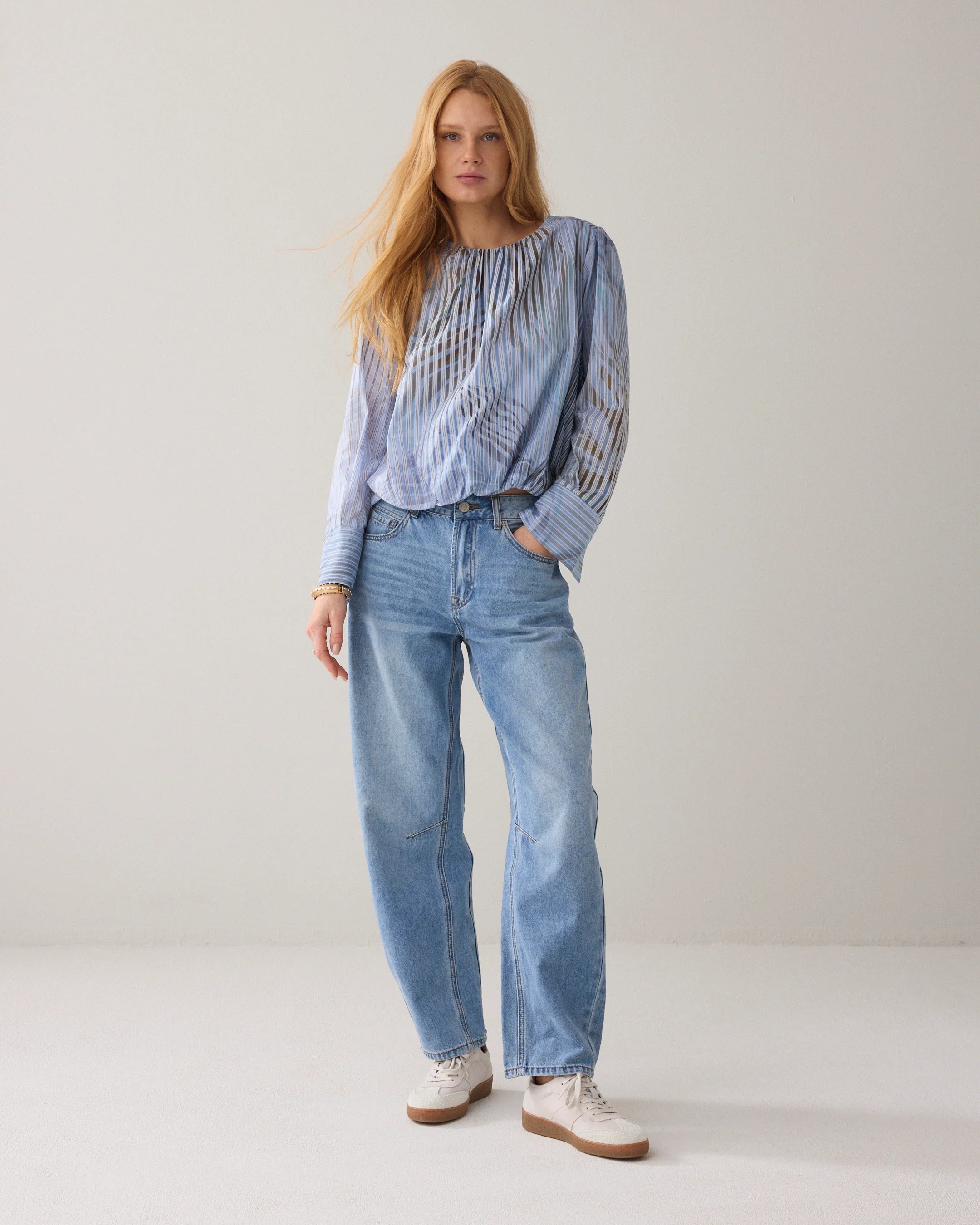 Summum Stripe Leaf Print Boat Neck Blouse worn with jeans, front view showing relaxed fit and soft drape