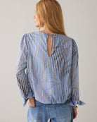 Summum Stripe Leaf Print Boat Neck Blouse back view showing keyhole opening and fabric tie fastening at the neck