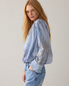 Summum Stripe Leaf Print Boat Neck Blouse side view highlighting loose silhouette and lightweight cotton texture