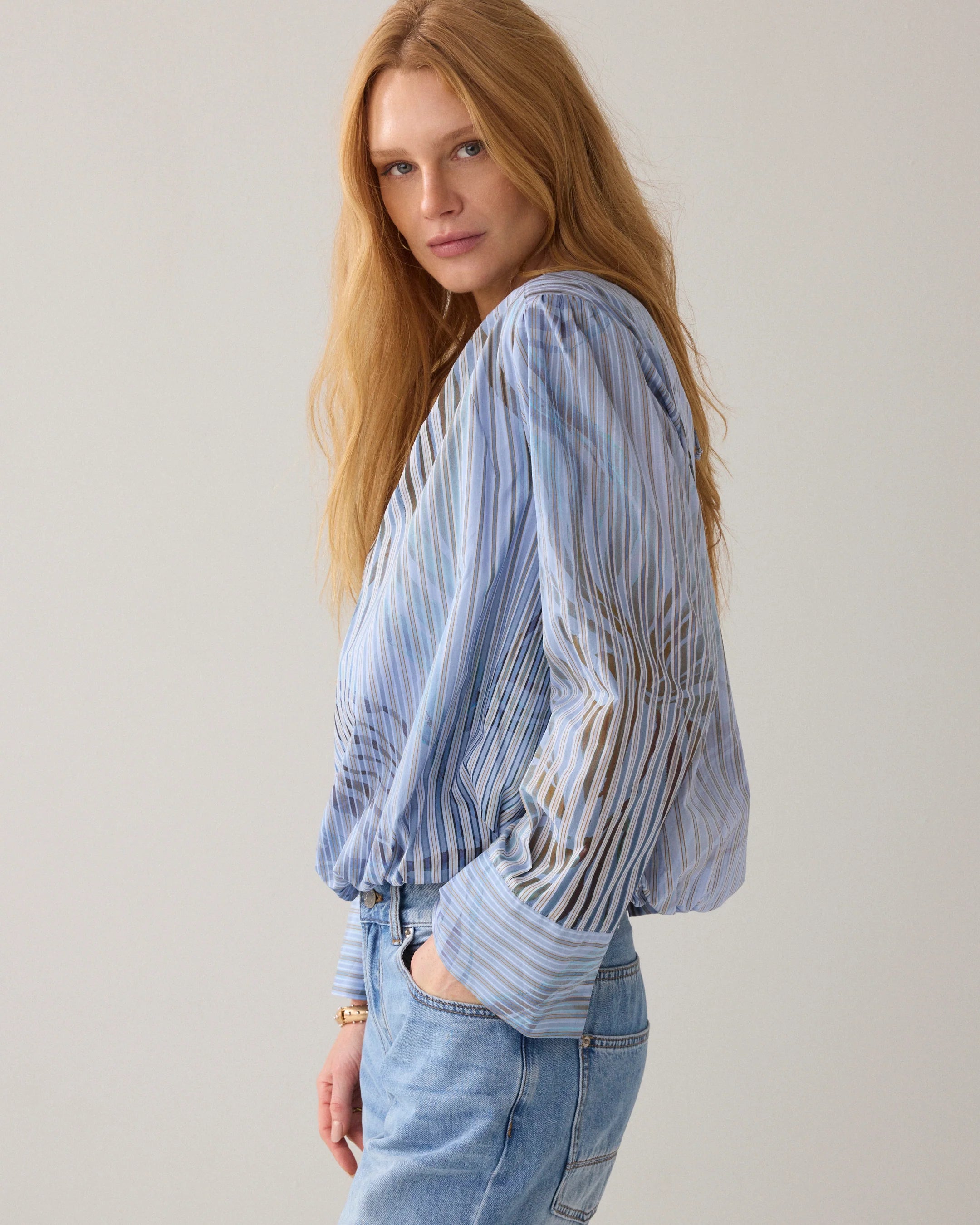 Summum Stripe Leaf Print Boat Neck Blouse side view highlighting loose silhouette and lightweight cotton texture