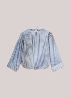 Summum Stripe Leaf Print Boat Neck Blouse flat lay showing full shape, striped leaf print and wide sleeves

