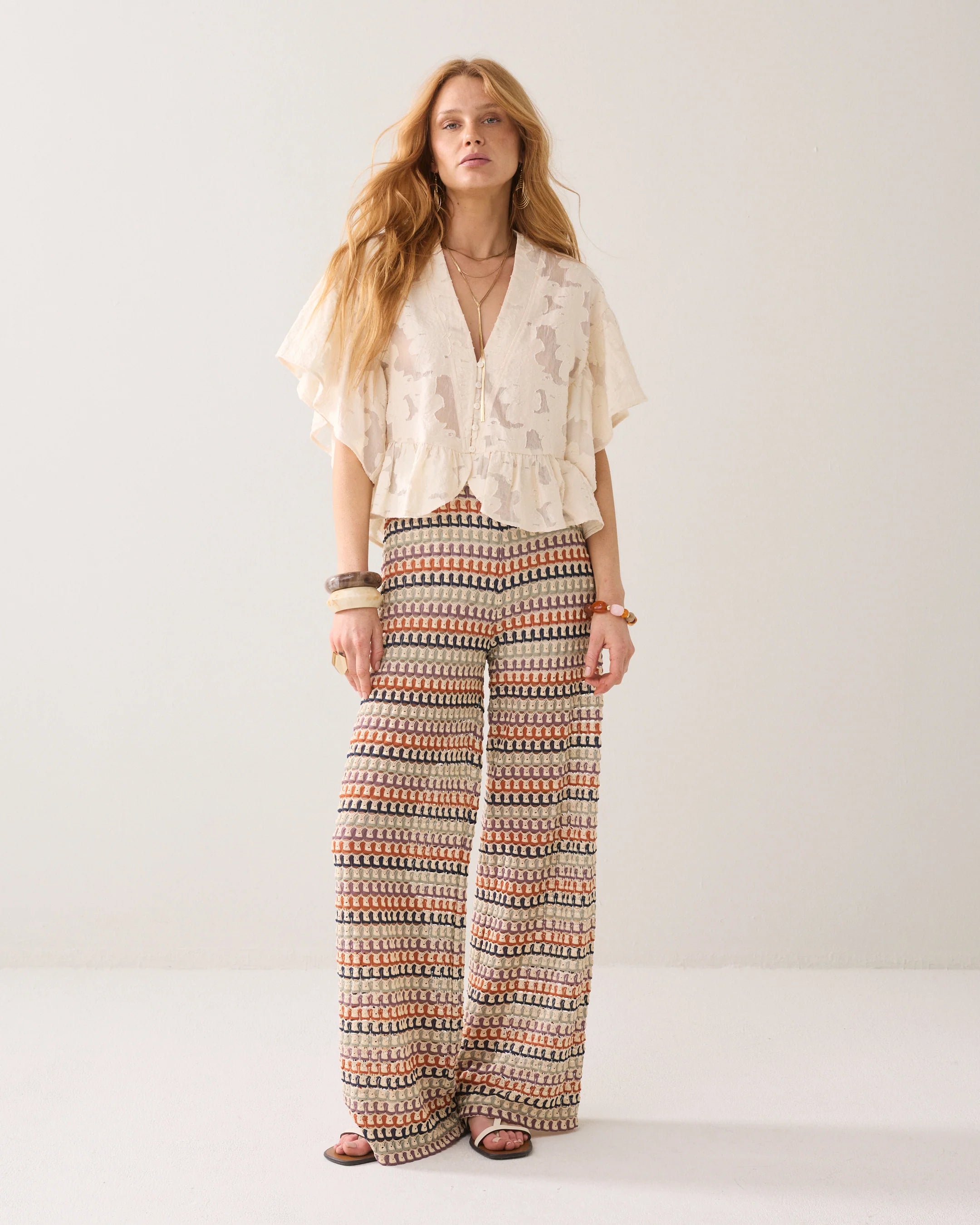 Summum burnout brocade summer top styled with printed trousers