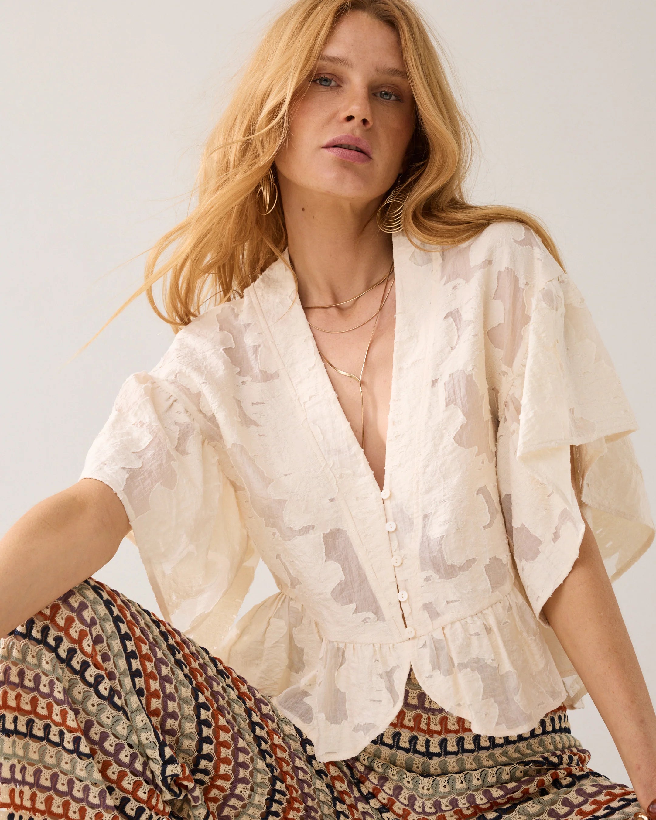     Summum cream burnout brocade peplum blouse front view
