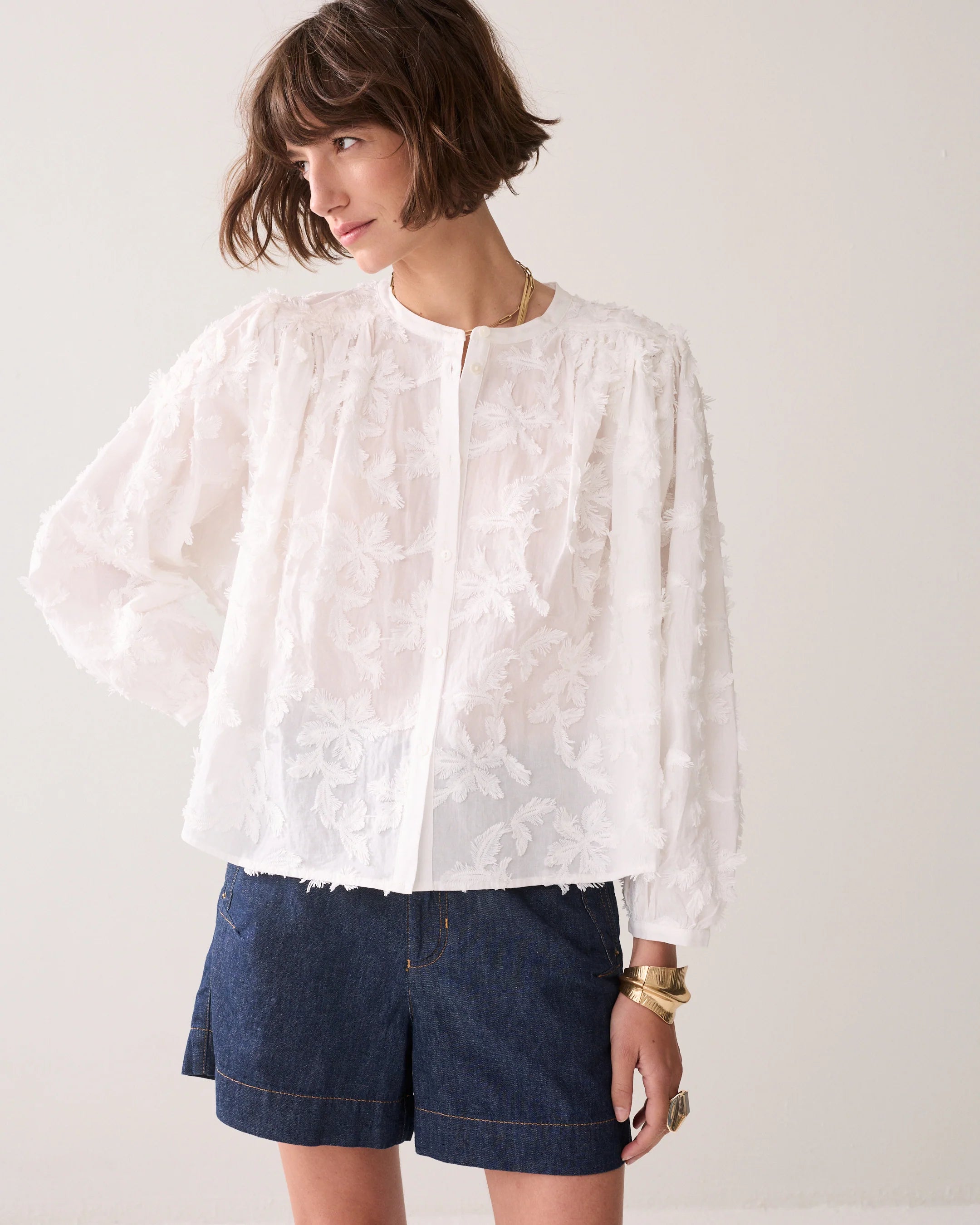 Summum white cotton blouse with wide sleeves and pleats