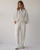     Summum white 3D palm textured cotton blouse front view