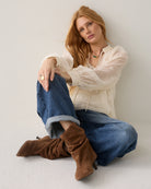 Summum cream sheer sequin blouse – seated styled model view