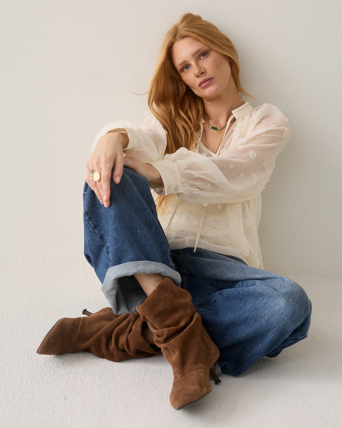 Summum cream sheer sequin blouse – seated styled model view