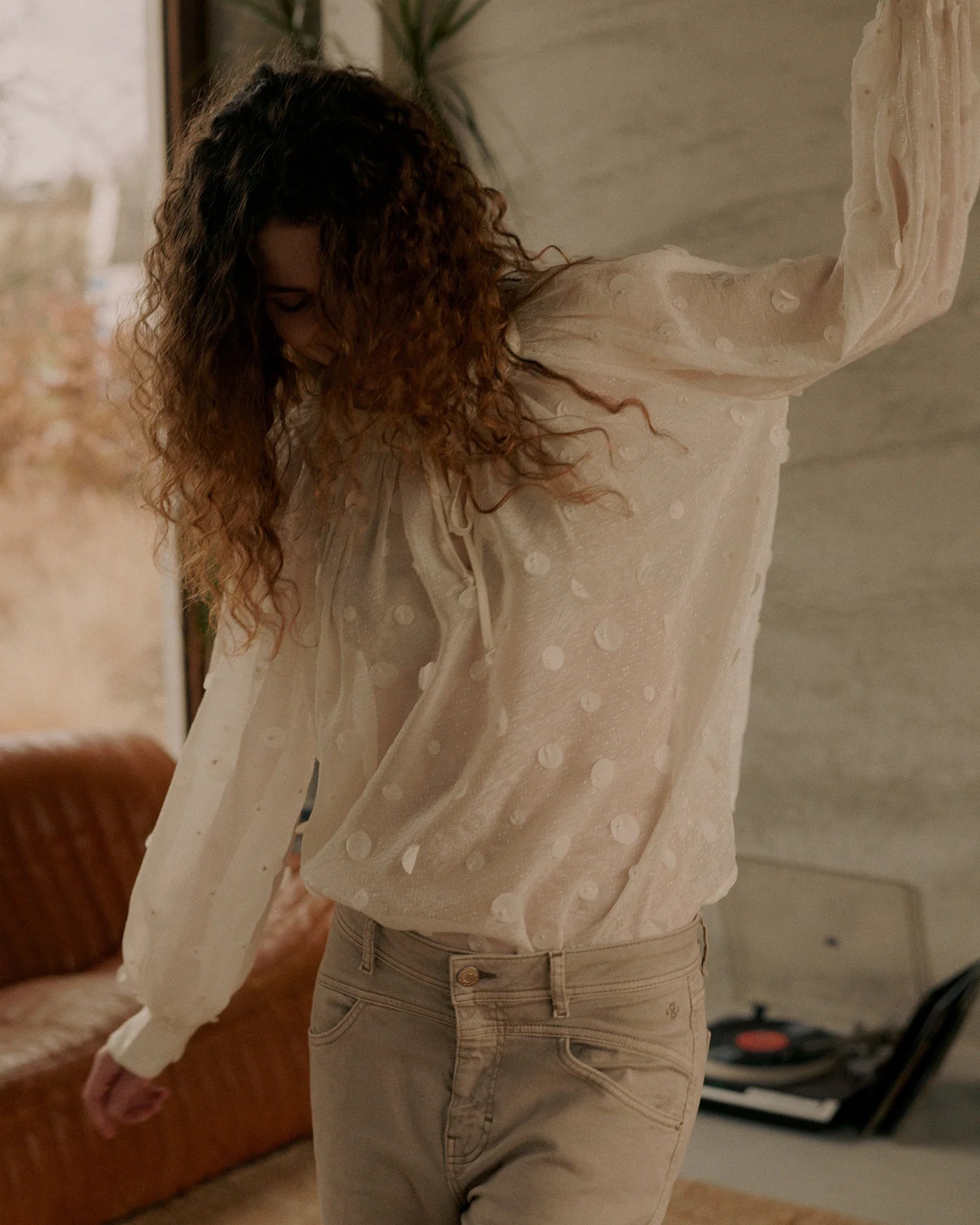 Summum cream embellished blouse – lifestyle model view