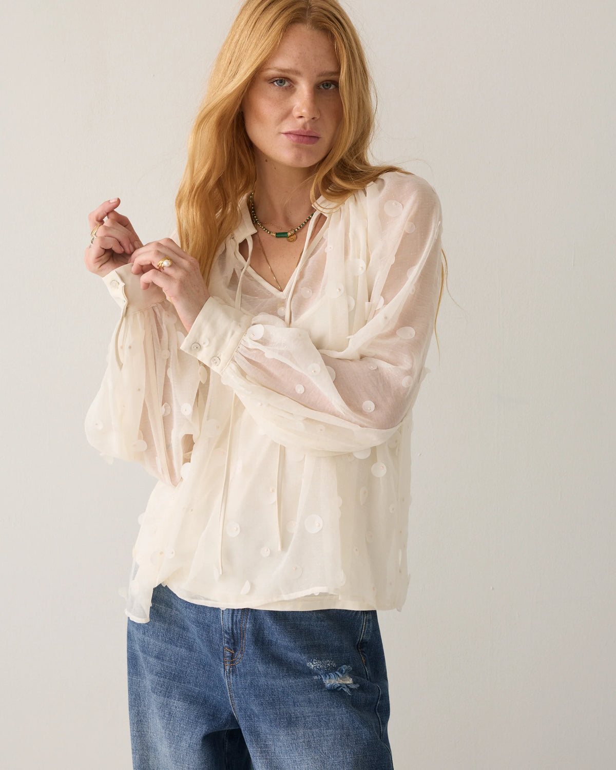 Summum cream sheer embellished blouse – front model view