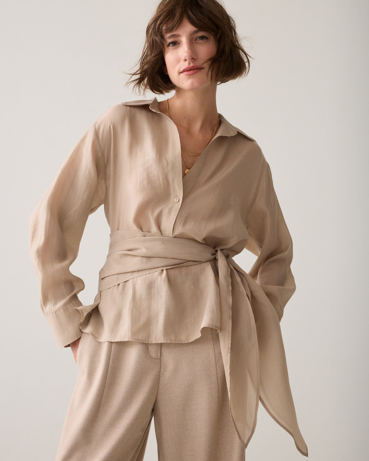 Summum beige wrap tie lyocell blouse front view