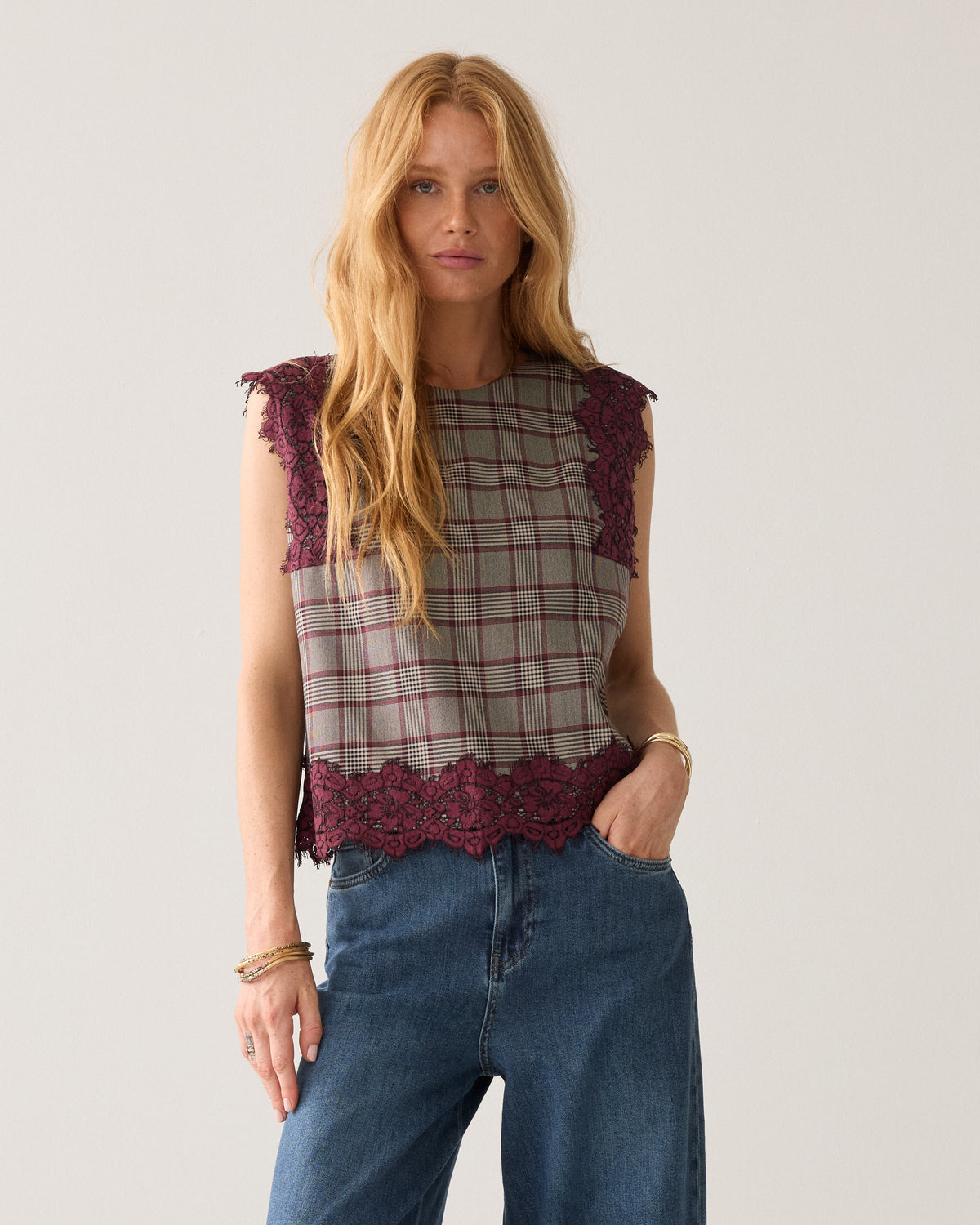 Women’s Summum check lace trim sleeveless top styled with wide leg jeans