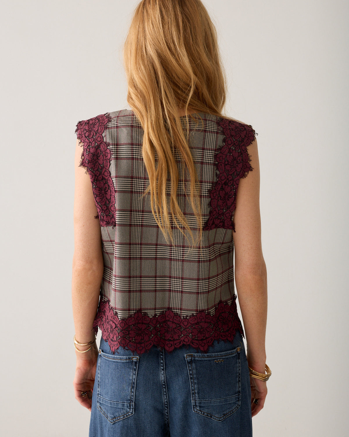 Summum grey burgundy check sleeveless top back view