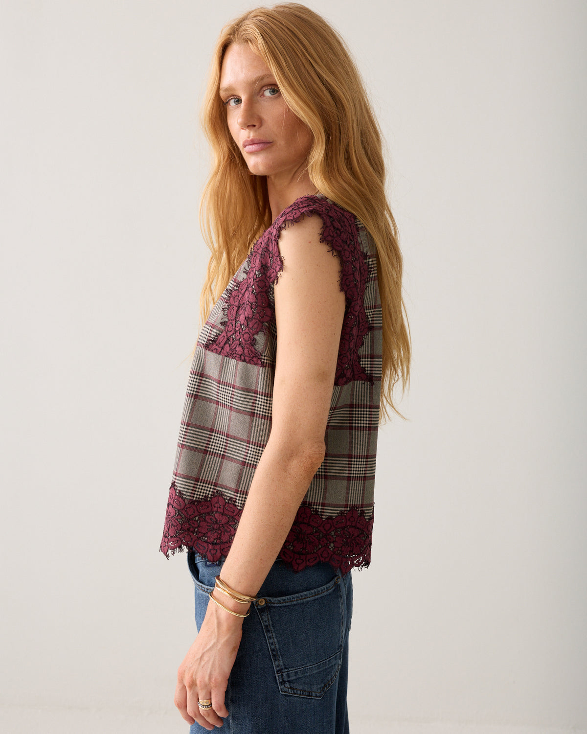 Side view of Summum check lace trim sleeveless top