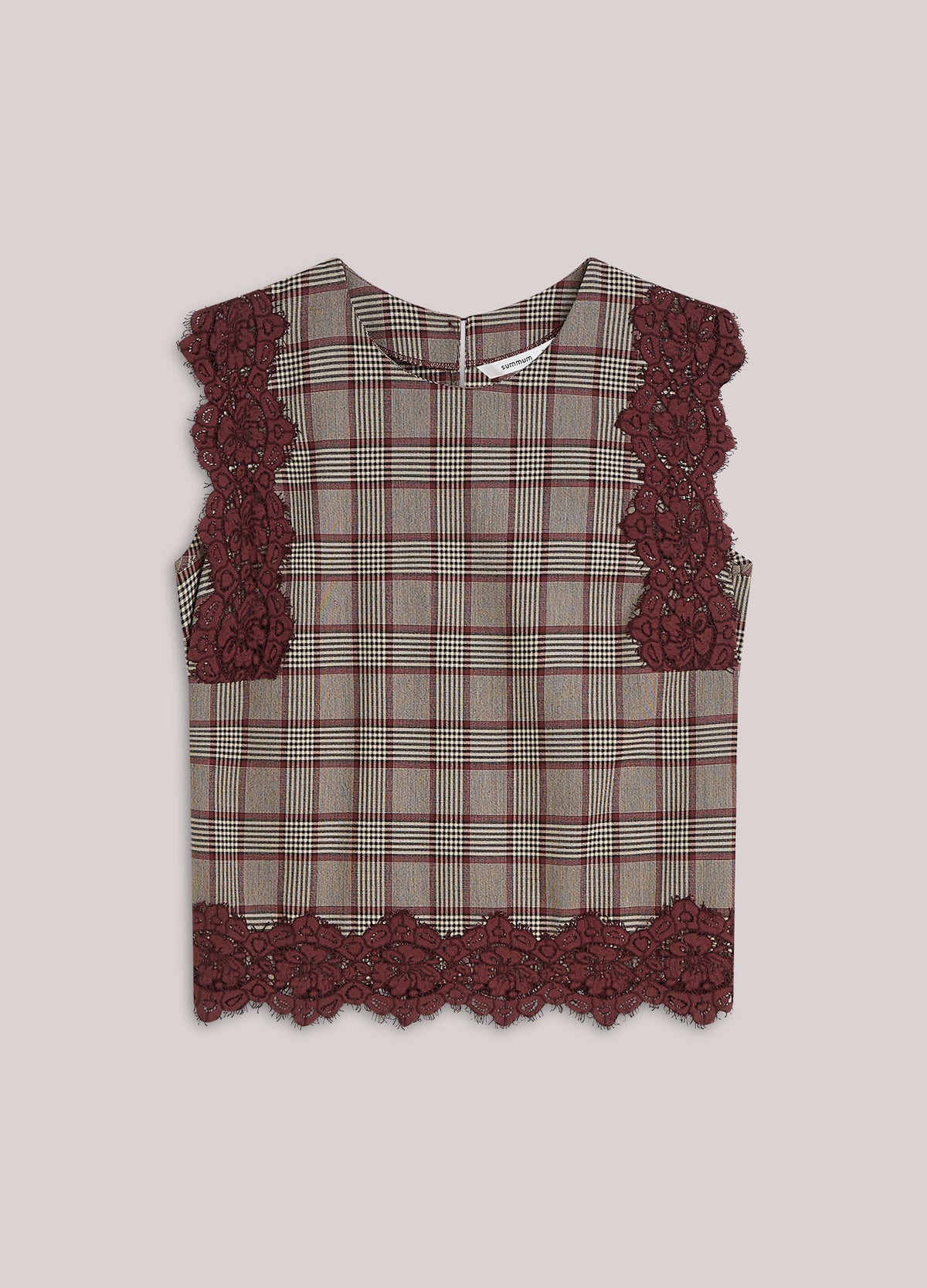 Summum grey burgundy check lace trim sleeveless top product image